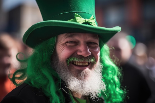 Een man met een groene hoed met een groene pruik en een groene pruik glimlacht.