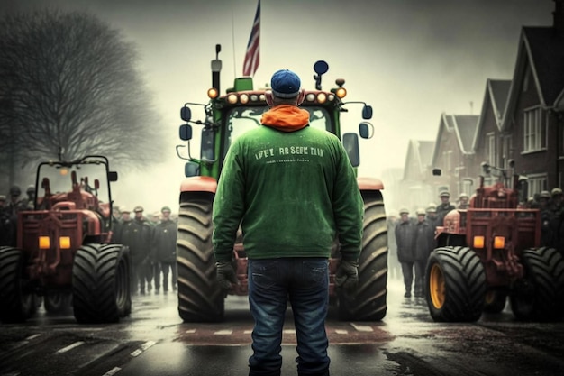 Een man met een groene jas waarop staat "de man heeft een groene jas aan.