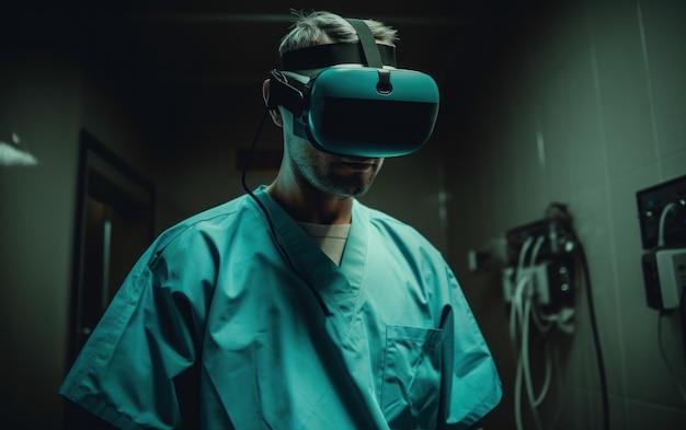 Een man met een groene scrub en een virtual reality-headset kijkt naar de camera.