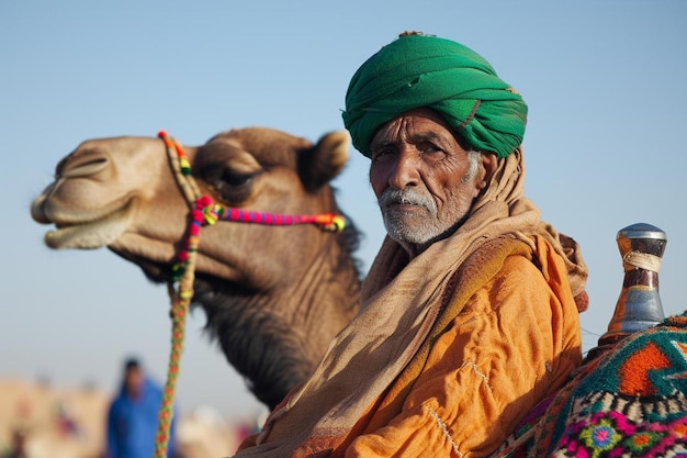 een man met een groene tulband en een kameel
