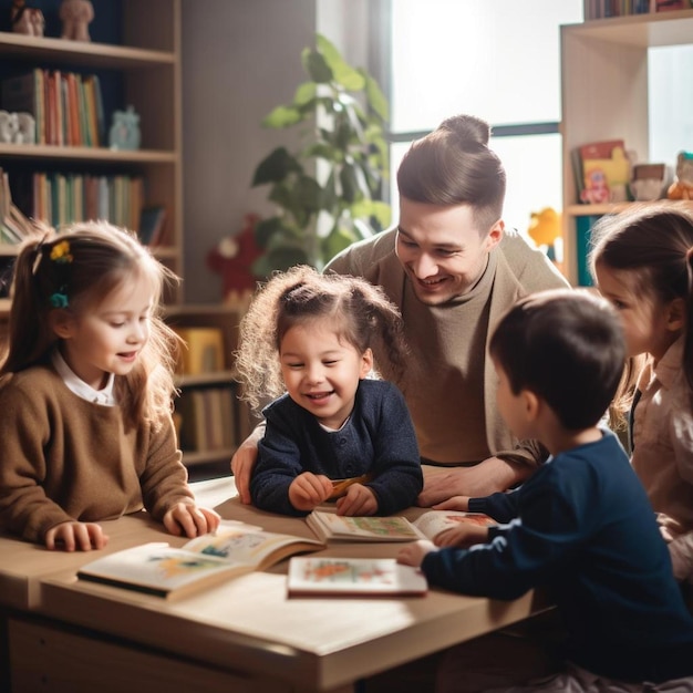 een man met een groep kinderen die aan een tafel zit met een boek met de titel "de kinderen".