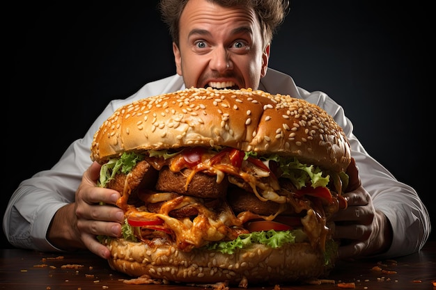 een man met een grote burger