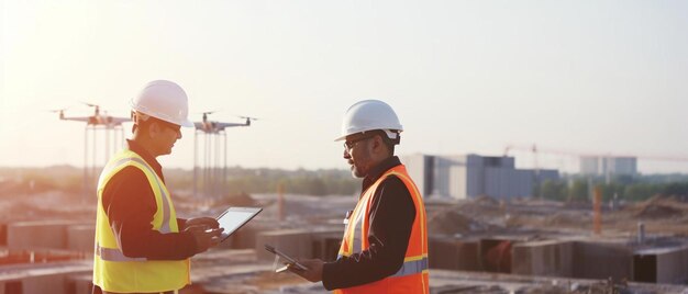 een man met een harde hoed kijkt naar een tablet met een camera in zijn hand