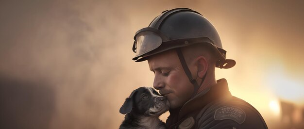 Een man met een helm en bril kust een hond.