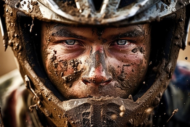 Foto een man met een helm en een helm met de tekst 'modder' erop