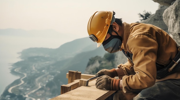 Een man met een helm en een helm werkt aan een houten constructie
