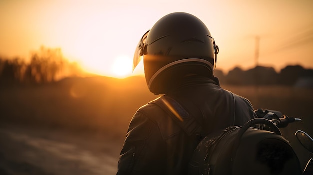 Een man met een helm en een rugzak kijkt naar de zonsondergang