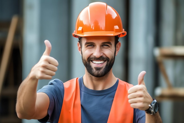 Een man met een helm en een veiligheidsvest steekt zijn duim op