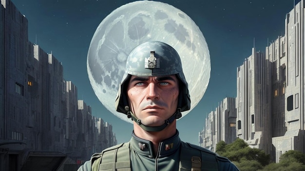 een man met een helm met een maan op de achtergrond