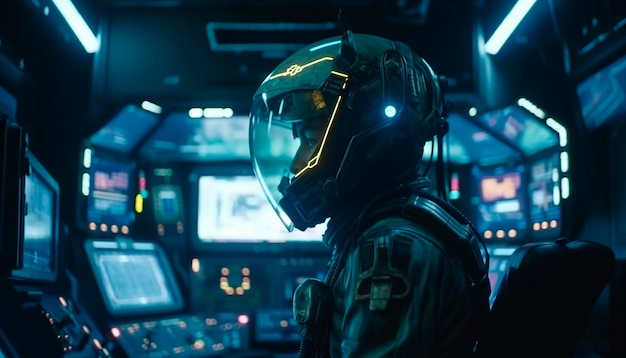 Een man met een helm zit in een cockpit met de woorden space race op het scherm.