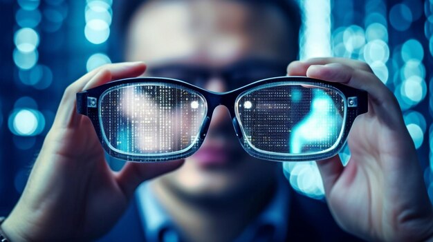 Een man met een hightech slimme bril zoekt naar een blockchain-pictogram en een gedistribueerd computersysteem met de hand van een zakenman die het pictogram vasthoudt met behulp van Generative AI