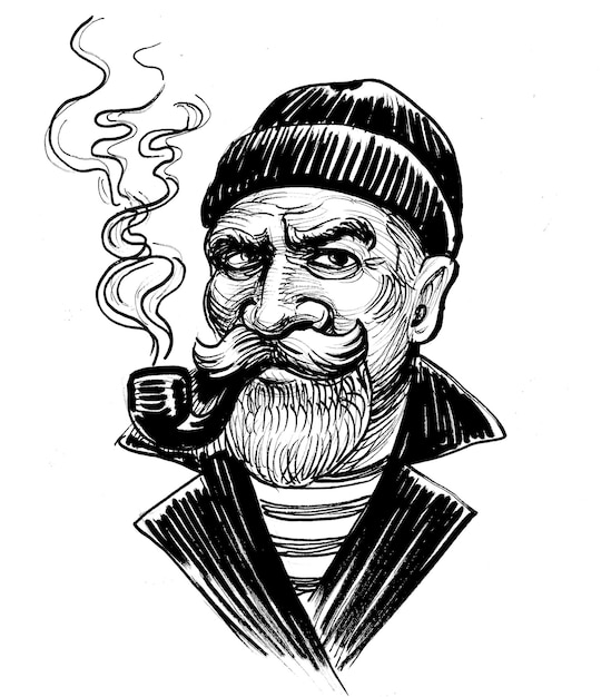 Een man met een hoed en een baard, een jas aan en een hoed die een pijp rookt.