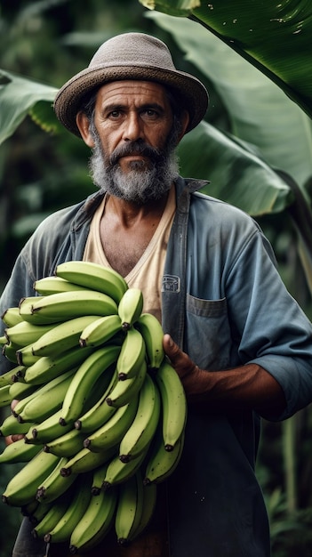 Een man met een hoed en een bananenbos