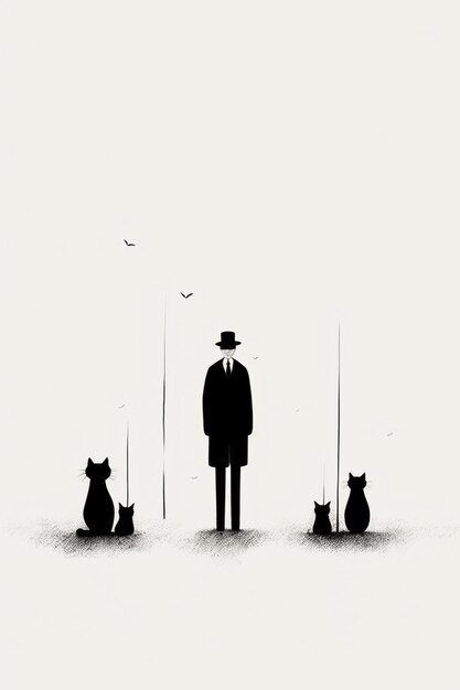 Een man met een hoed en een hoed staat voor twee katten.