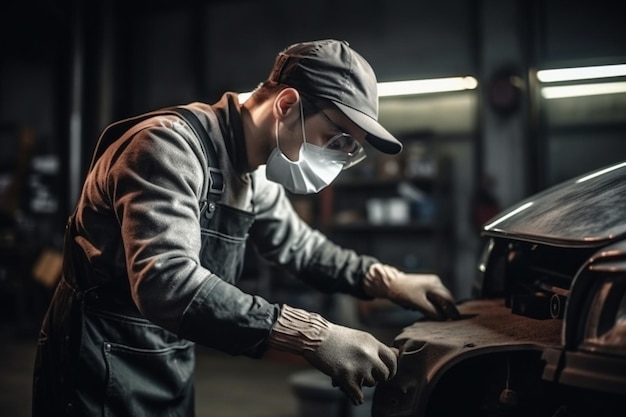 Een man met een hoed en een masker werkt aan een auto in een garage.