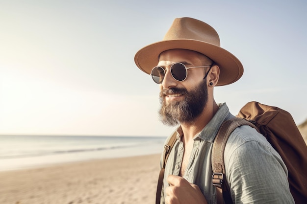 Een man met een hoed en een zonnebril loopt langs het strand.