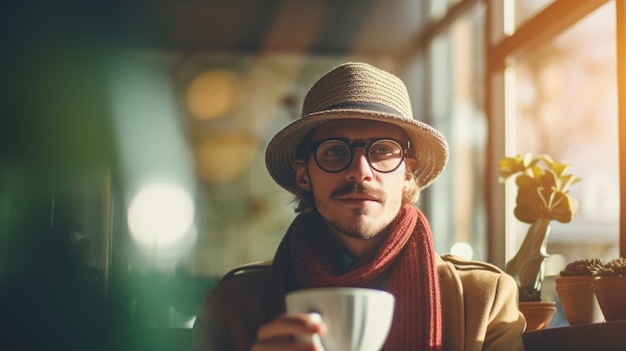Een man met een hoed en sjaal die zijn koffiekop ophoudt