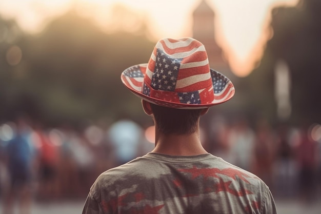 Een man met een hoed met de Amerikaanse vlag erop staat voor een menigte.