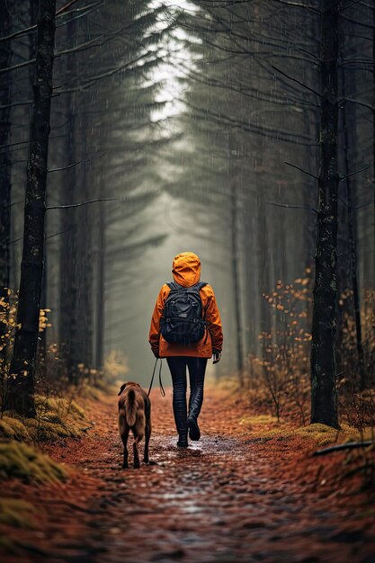 een man met een hond loopt door het bos achteruit