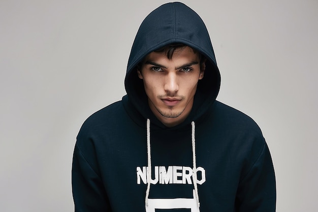 Foto een man met een hoodie met het woord numero erop.