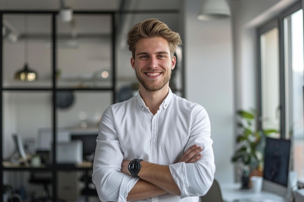 Foto een man met een horloge op zijn pols staat voor een plant