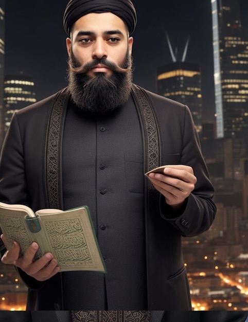 Een man met een islamitische uitstraling met een mooie baard die een Koran leest