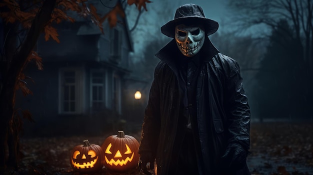Foto een man met een jasmasker en hoed staat voor een huis met uitzicht op de camera halloween vakantie somber huis jack