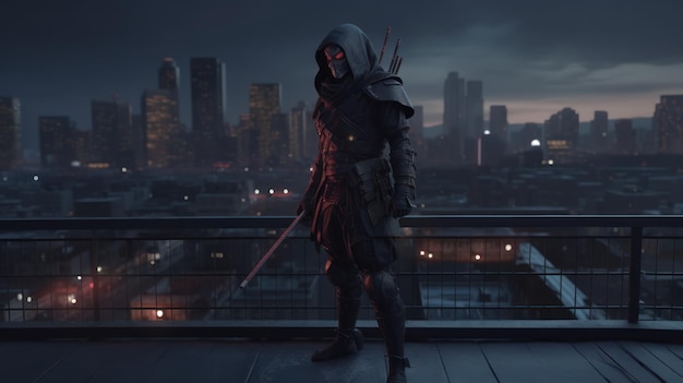 Een man met een kap met een kap en een zwaard staat op een dak voor een stadsgezicht.