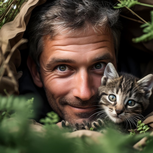 Foto een man met een kat.