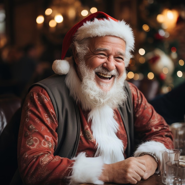 een man met een kerstmuts lacht naar de camera.