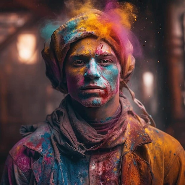 Een man met een kleurrijke holi-verf op zijn gezicht