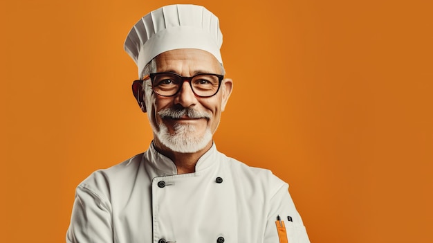 Een man met een koksmuts en een bril staat met zijn armen gekruist voor een oranje achtergrond.