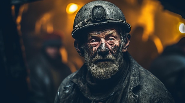 Een man met een kolenhelm staat voor een verlicht gebouw.