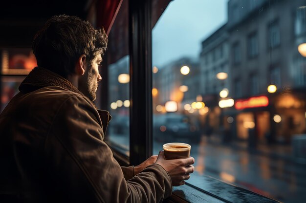Een man met een kop koffie die uit een cafévenster staart.