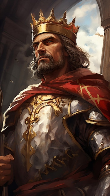 een man met een kroon en een rode cape die een zwaard vasthoudt