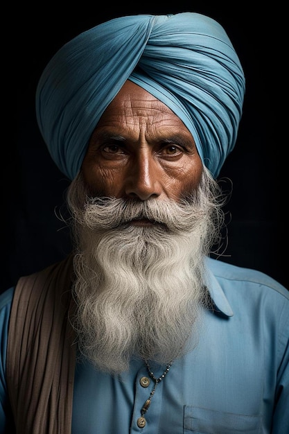 een man met een lange baard die een blauwe tulband draagt