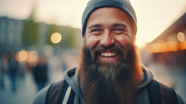 Foto een man met een lange baard die naar de camera glimlacht geschikt voor verschillende projecten