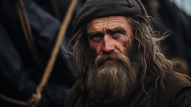 Foto een man met een lange baard en lange baard staat in een donkere kamer