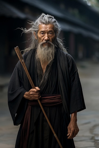 Een man met een lange baard loopt in een donkere steeg.