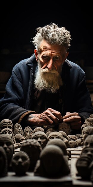 Foto een man met een lange baard zit tussen vele kleine standbeelden van boeddha's.
