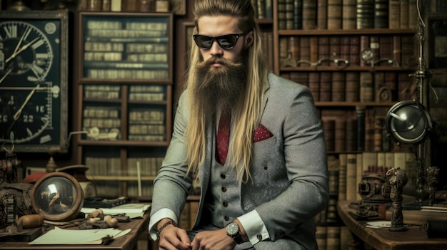 Een man met een lange baard, zittend in een bibliotheek ai