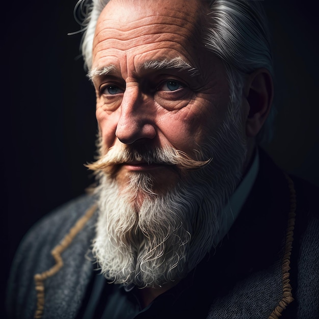 Een man met een lange witte baard en een zwarte jas staat voor een zwarte achtergrond.