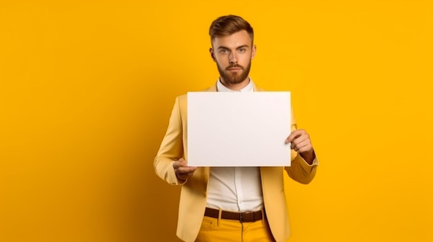 Een man met een leeg whiteboard voor een gele achtergrond