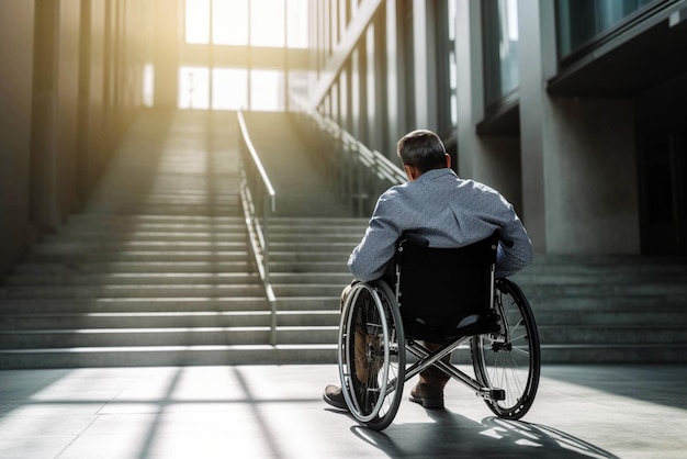 Foto een man met een lichamelijke handicap in een rolstoel zit hulpeloos voor de trap.