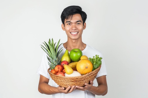 een man met een mandje met fruit en groenten