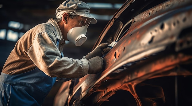 Een man met een masker en een gasmasker werkt aan een auto in een garage