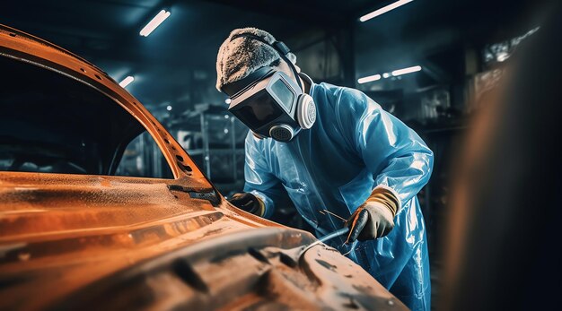 Een man met een masker en een masker werkt in een werkplaats aan een auto