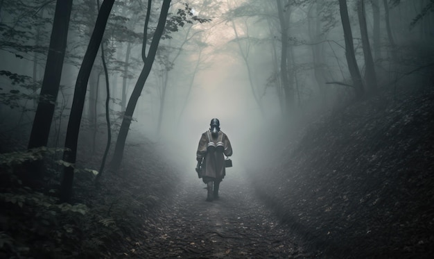 Een man met een masker loopt door een donker bos.