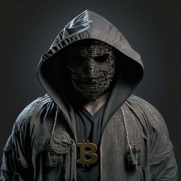 Een man met een masker op met een bitcoin erop