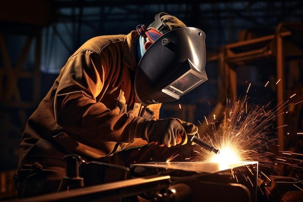 Een man met een masker werkt aan een metalen stuk met vonken op de achtergrond.